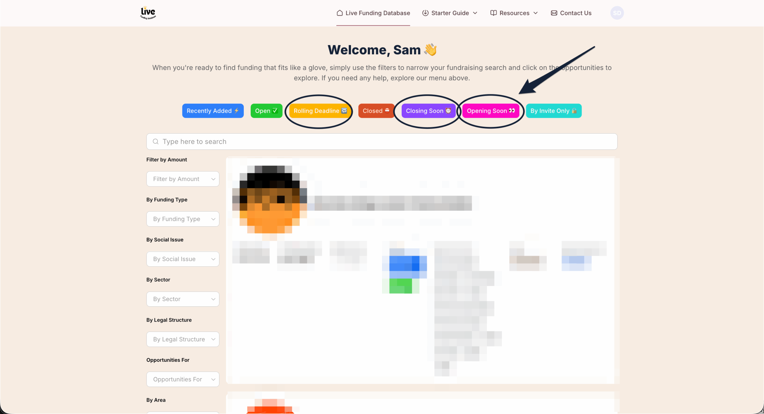 Live Funding Database filters